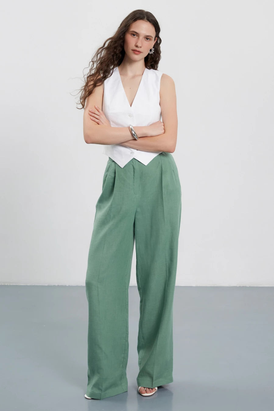 Olive green 100% linen long palazzo pants