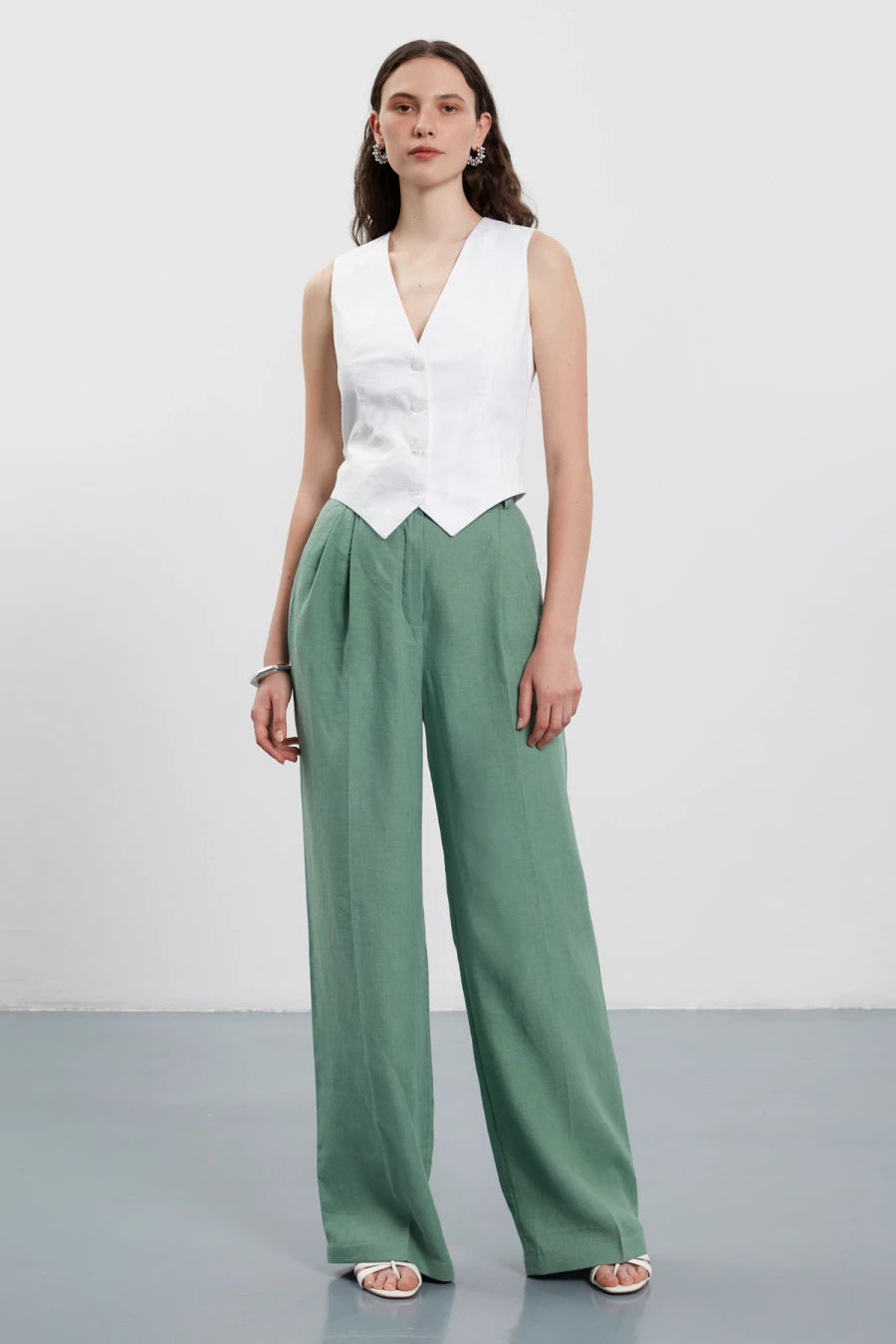 Olive green 100% linen long palazzo pants