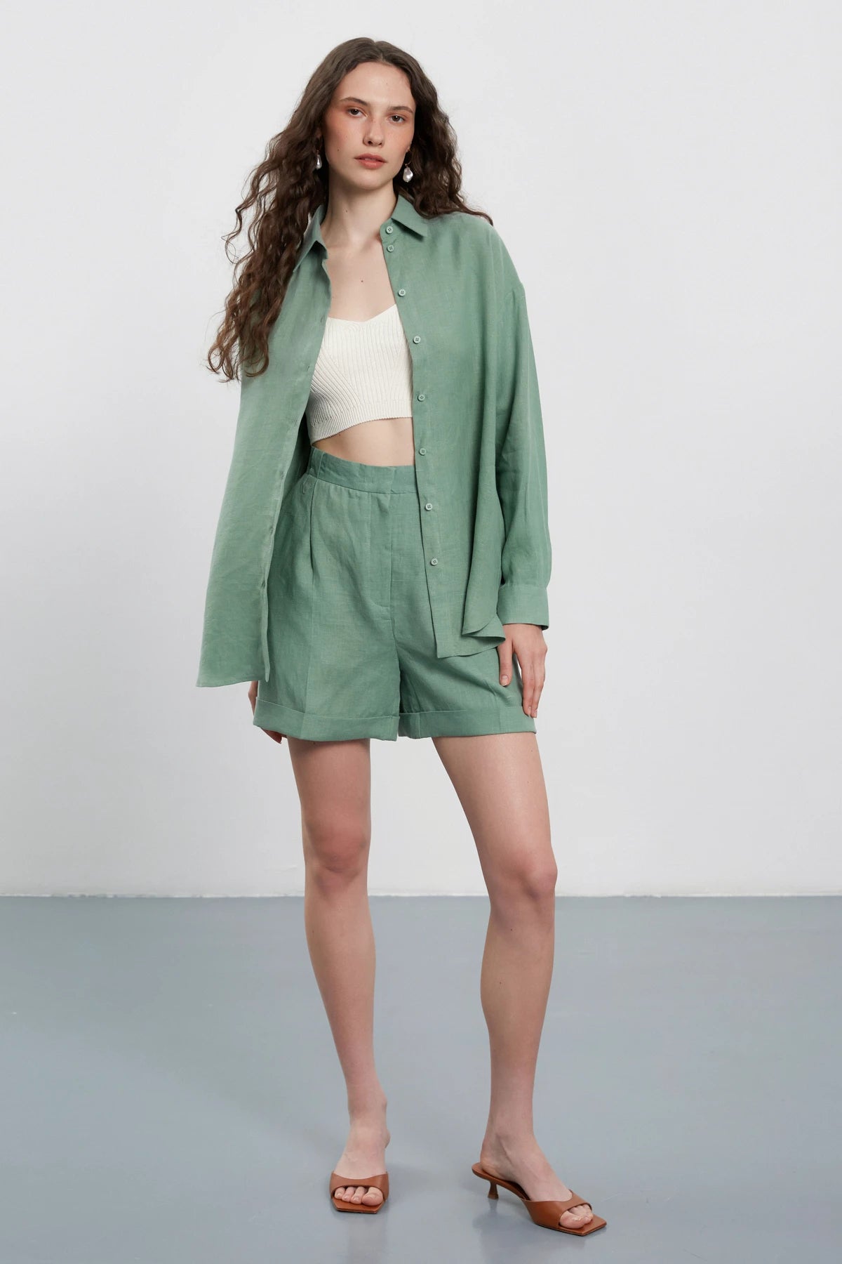 Olive green 100% linen loose fit shirt