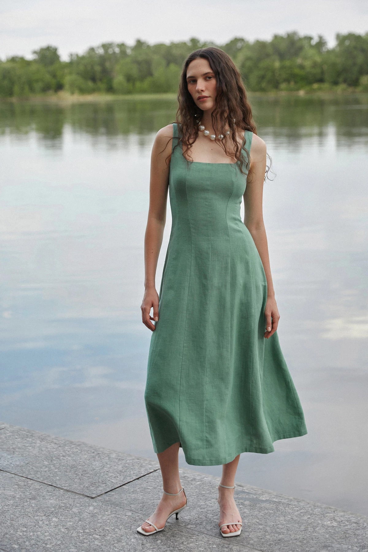 Olive green long midi 100% linen sundress