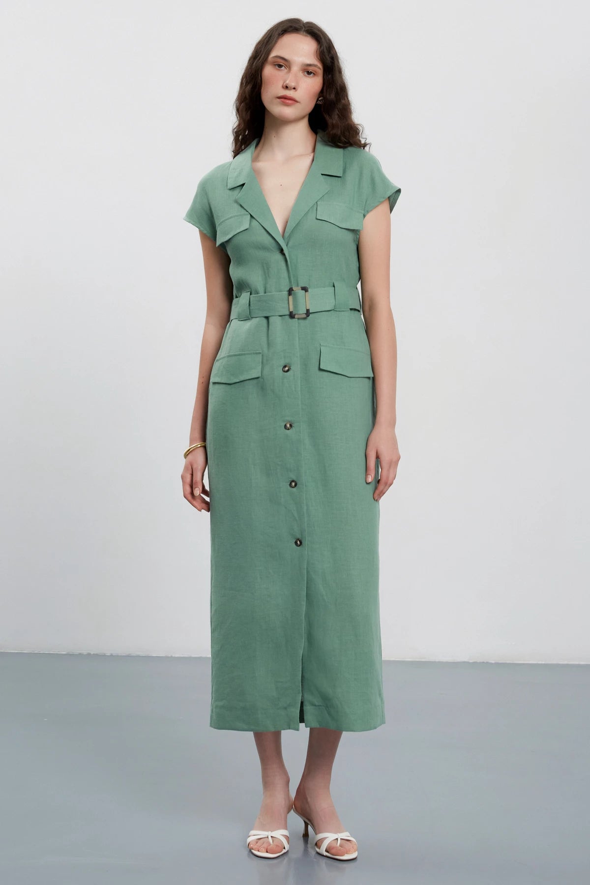 Olive green 100% linen midi dress with buttons