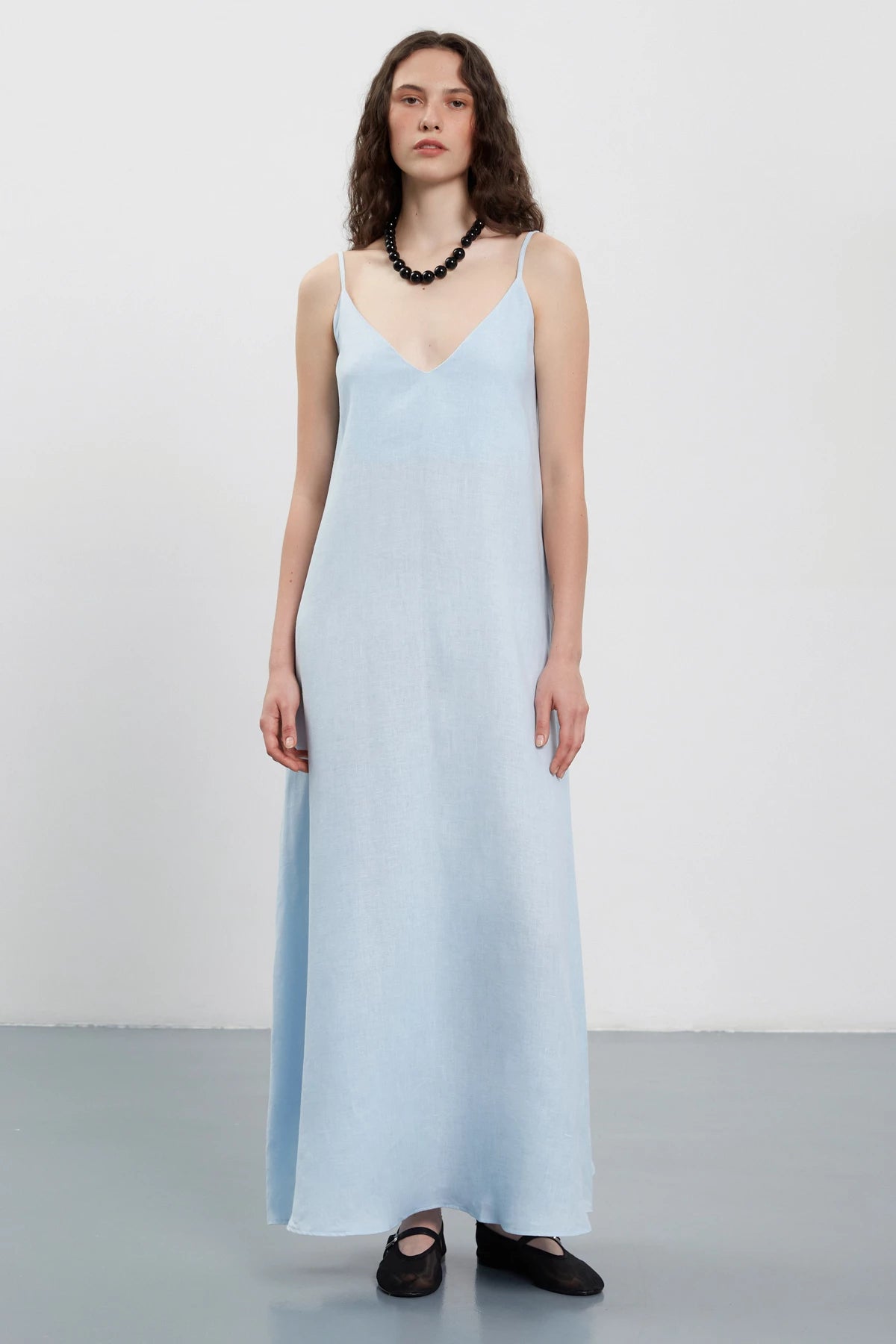 Light blue 100% linen maxi slip dress