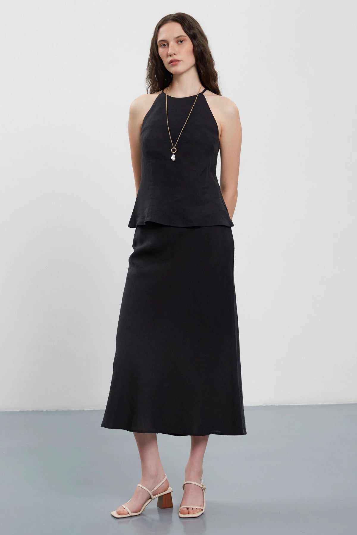 Black midi length skirt made of 100% linen