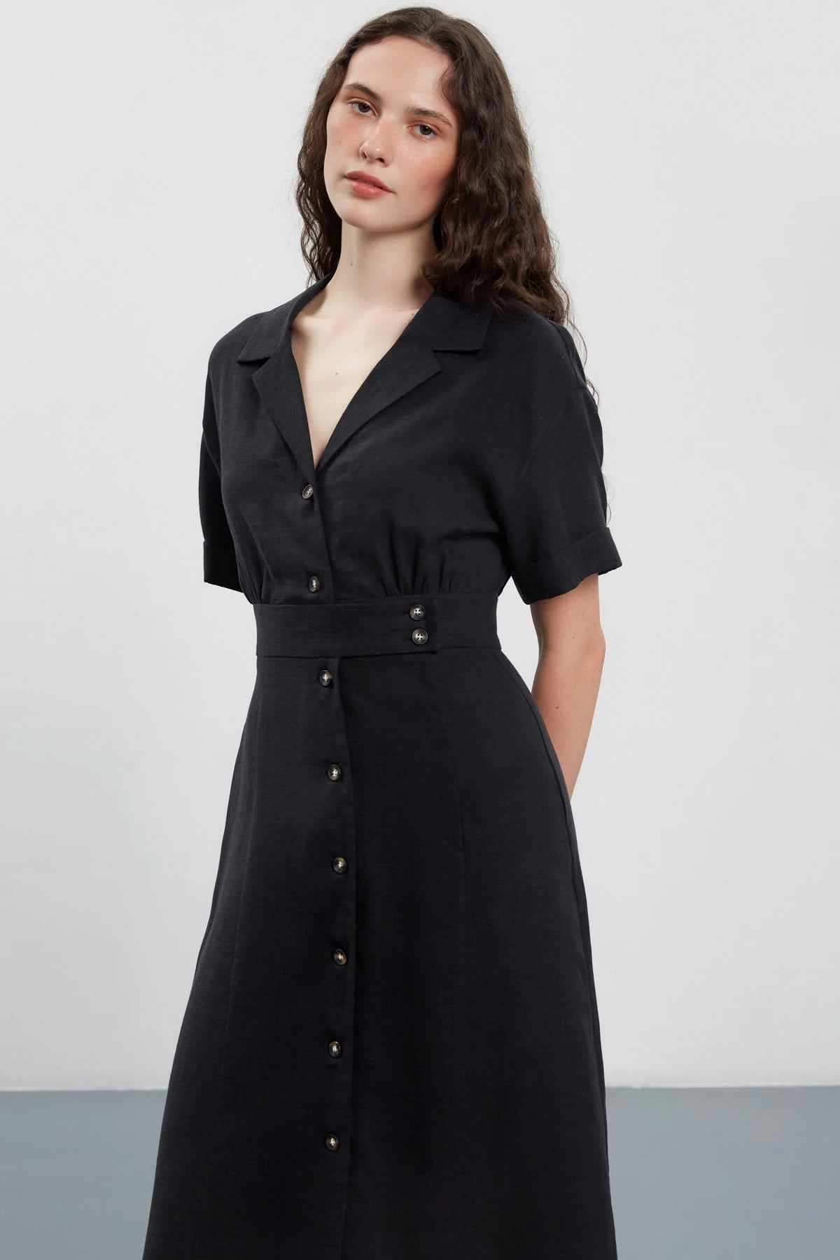 Black midi dress with buttons made of 100% linen