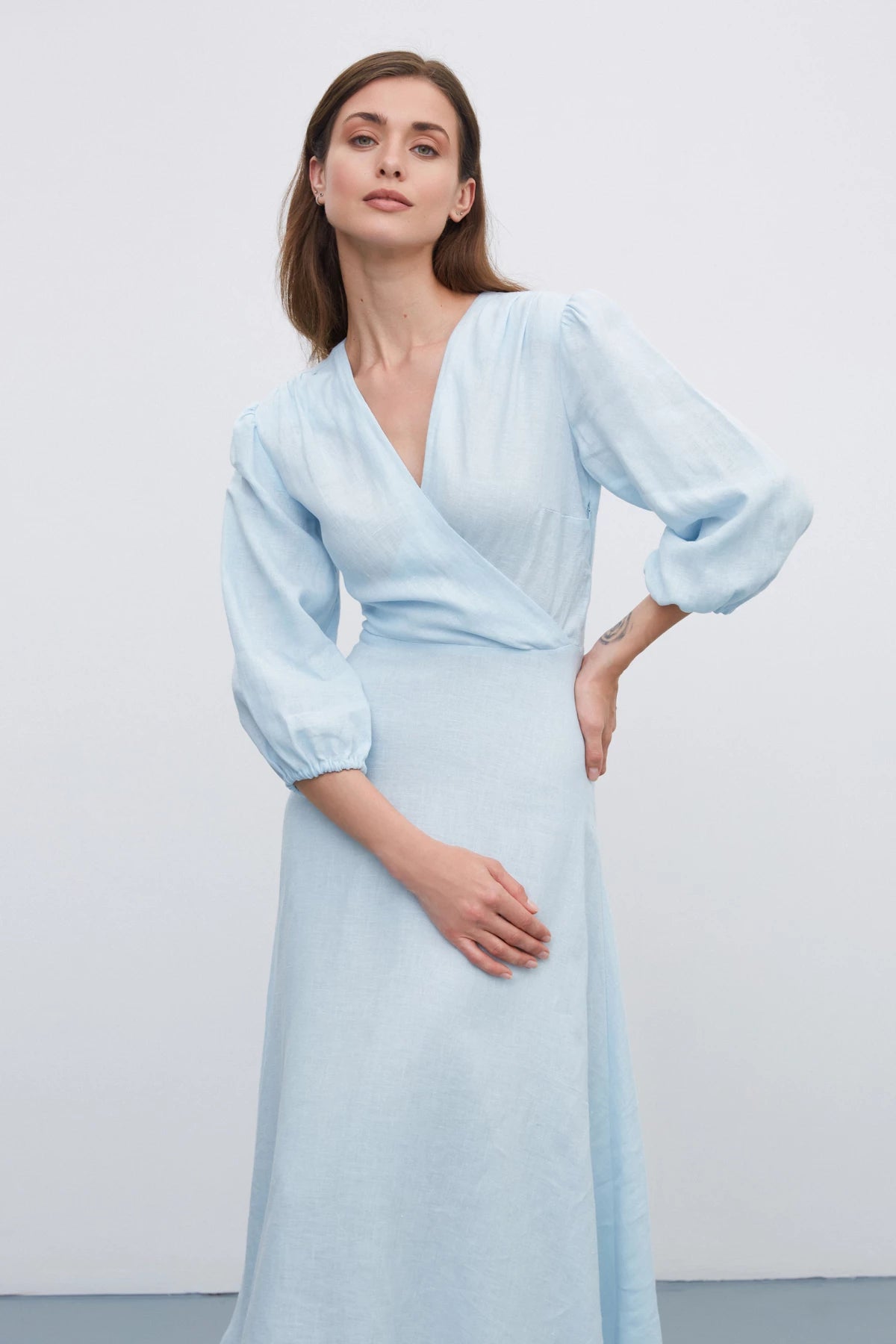 Light blue 100% linen midi dress