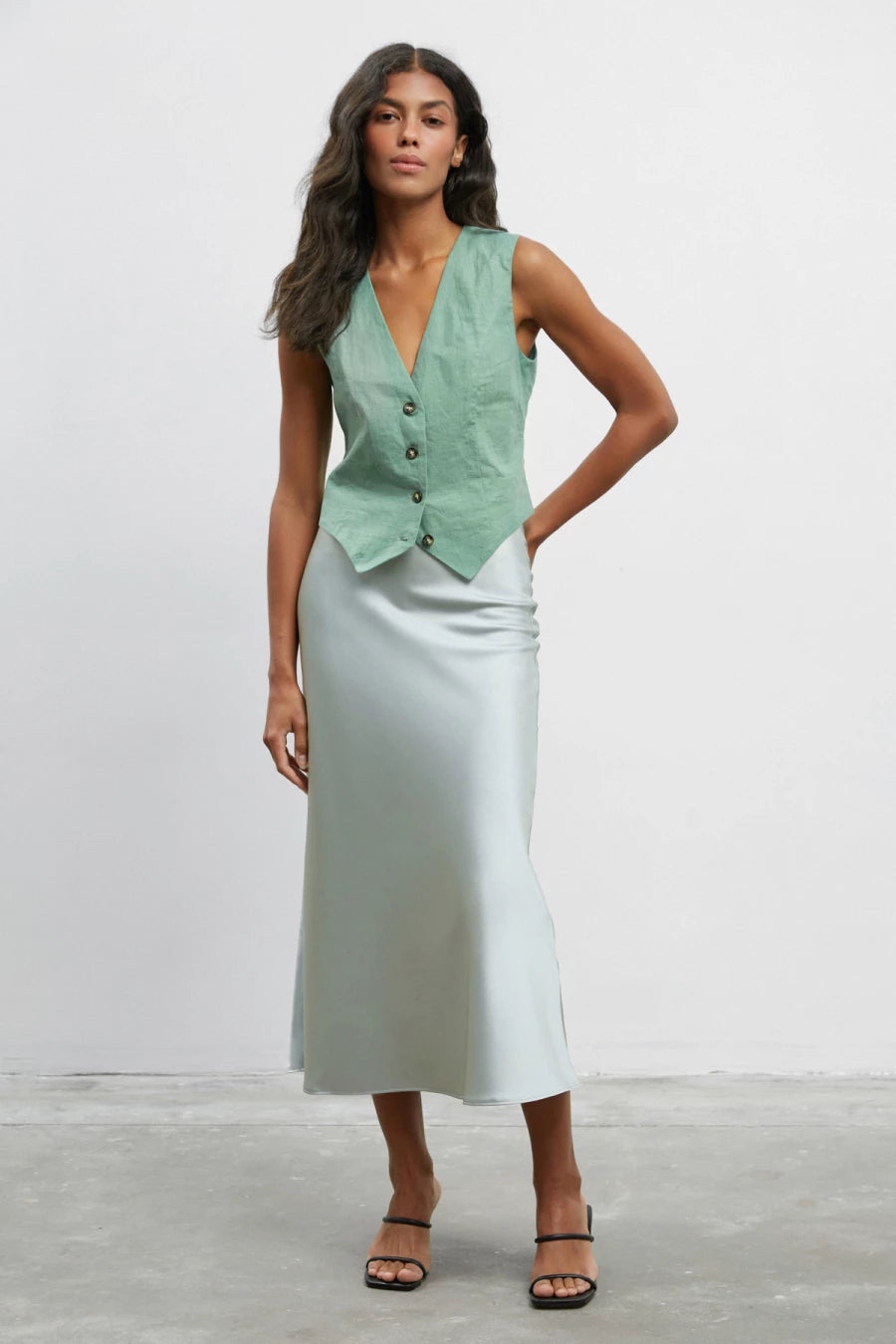 Olive satin midi skirt