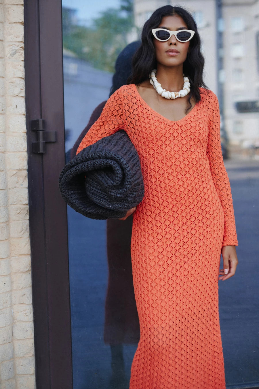 Orange crochet midi dress with cotton