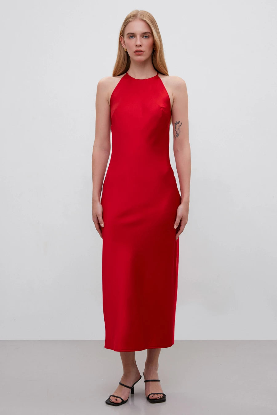 Red dense satin midi slip dress