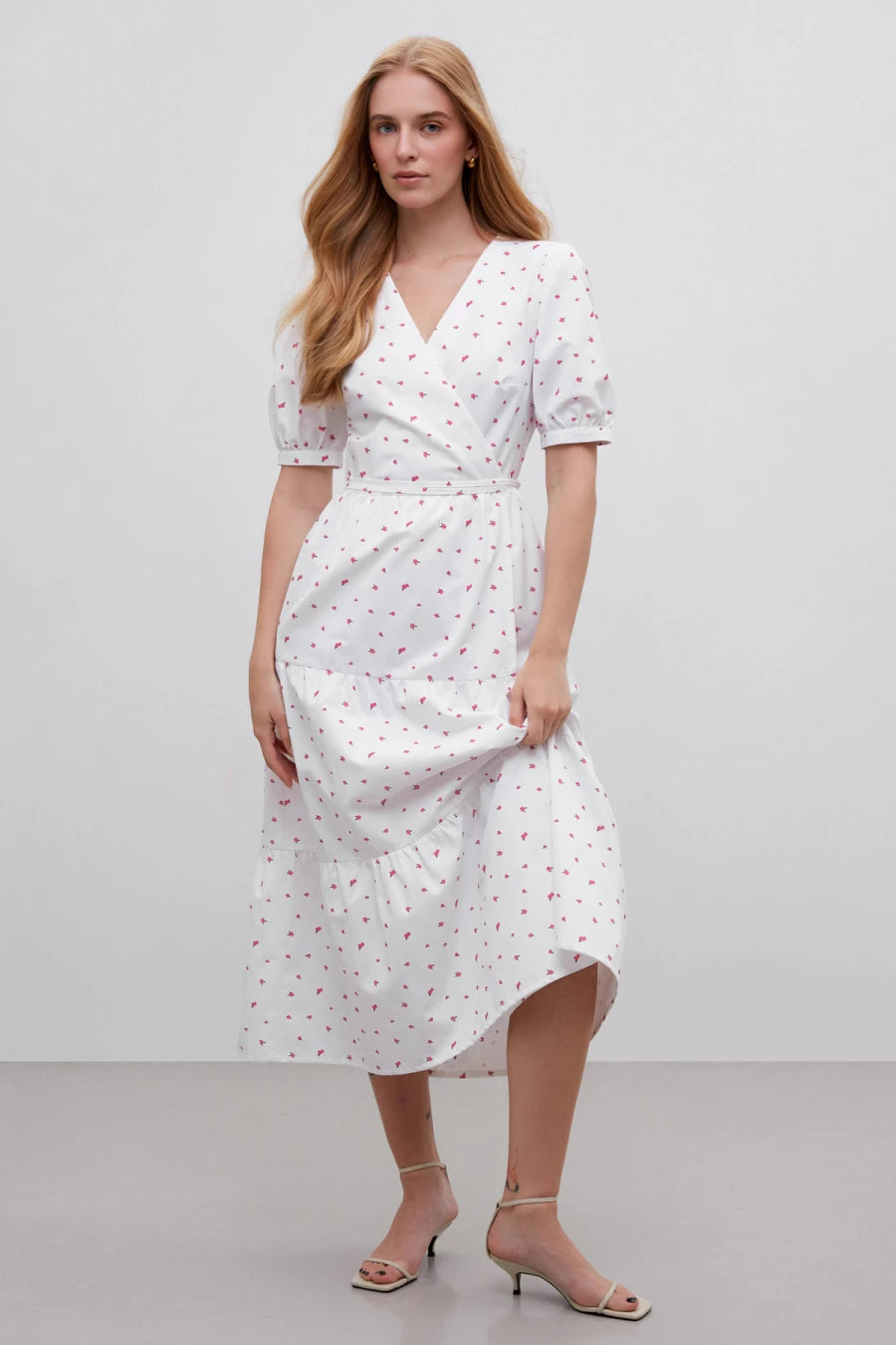 Midi dress with voluminous sleeves in "pink flowers" print with cotton