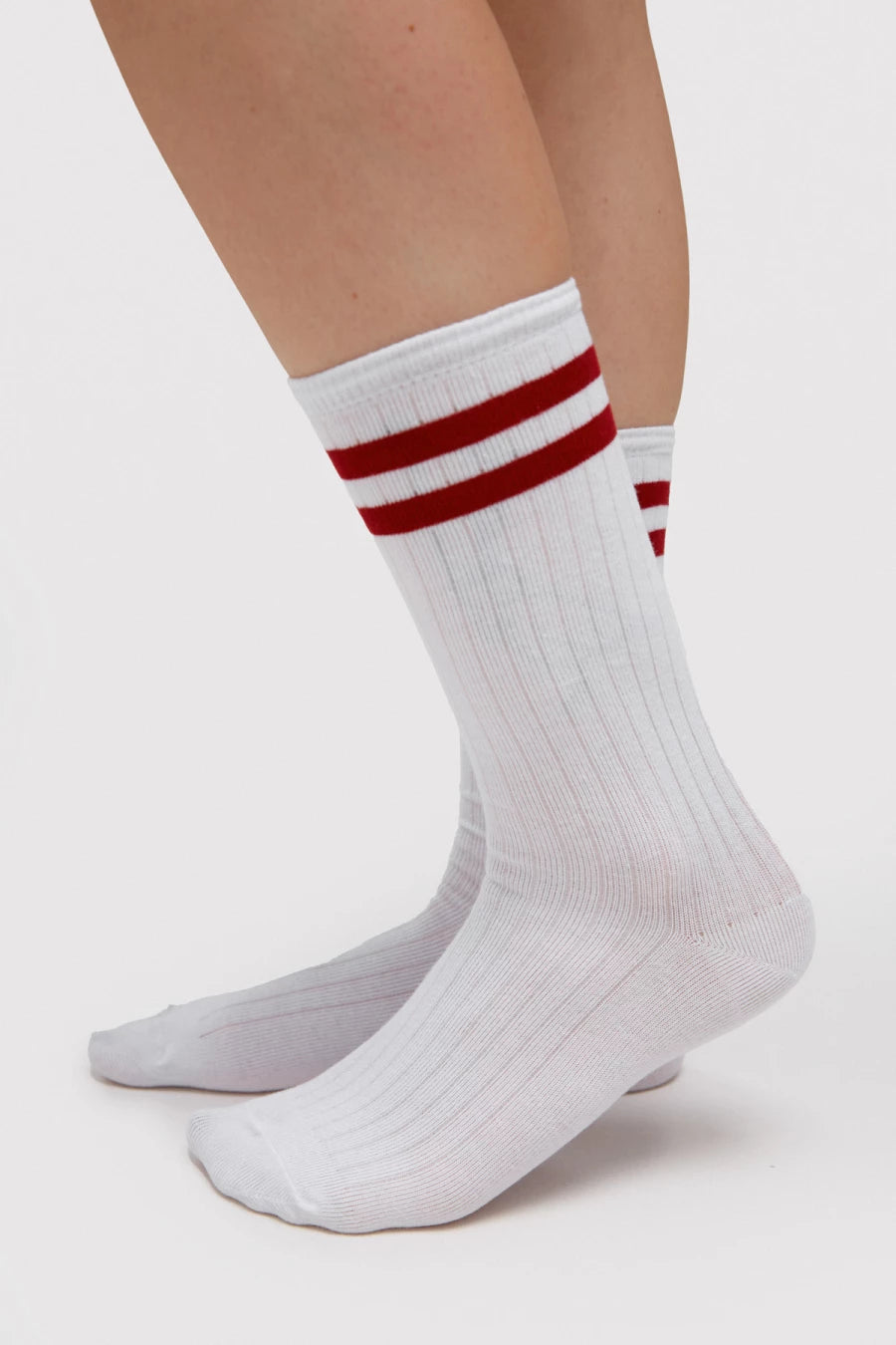 High white cotton socks with burgundy stripes