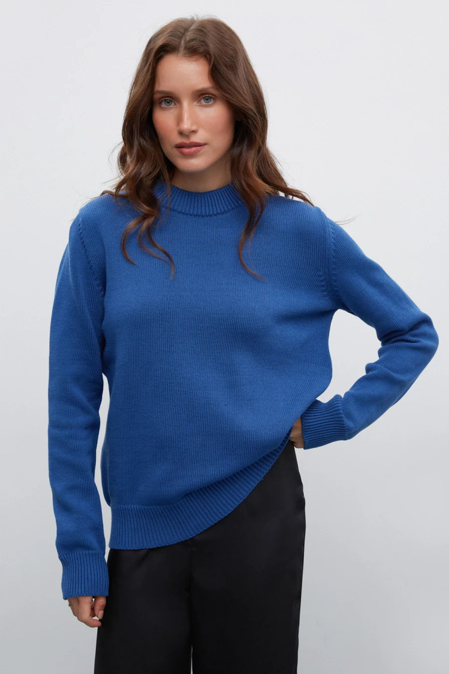 Denim color knitted sweater made of 100% cotton