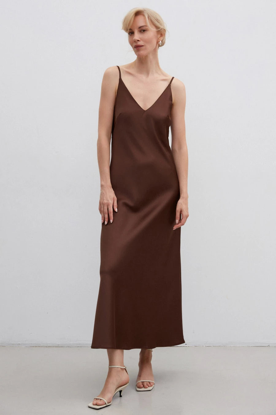 Chocolate satin slip dress  elongated midi