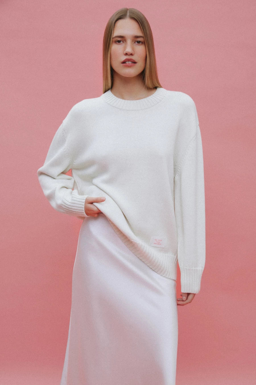 Milky sweater "Be your first priority" with wool