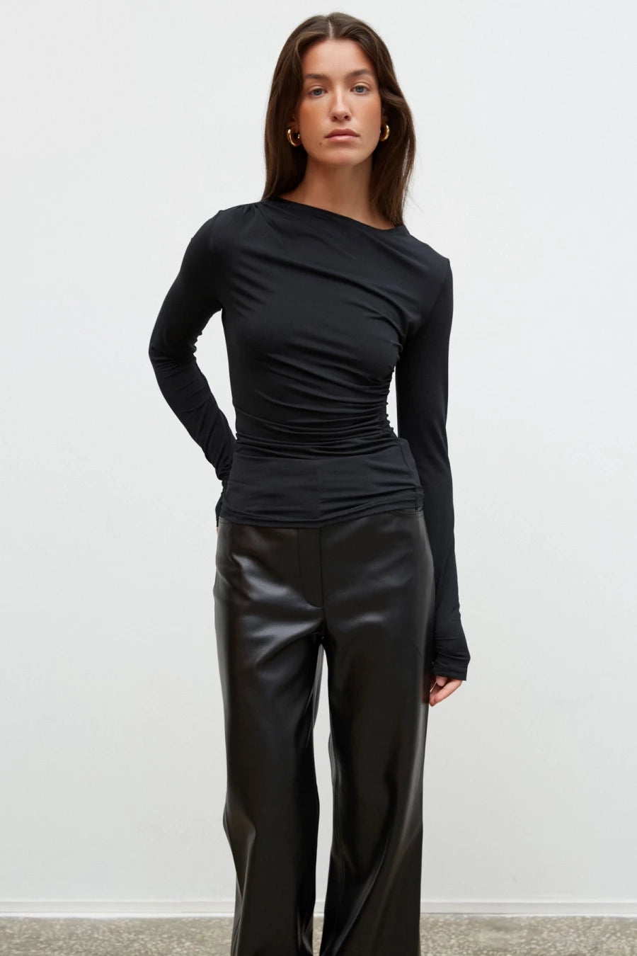 Black wide leg long pants made of eco-leather