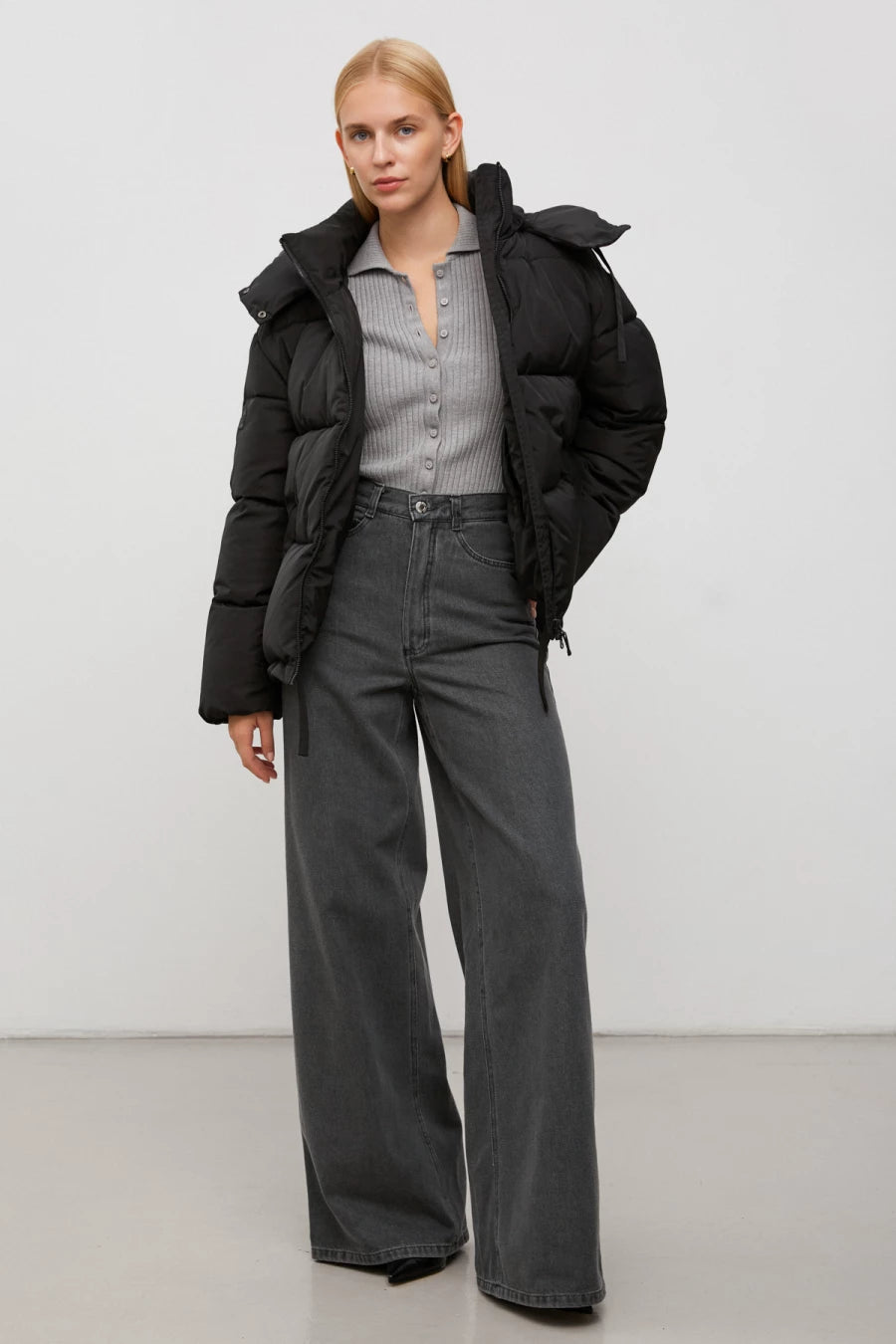 Black short quilted jacket with insulation