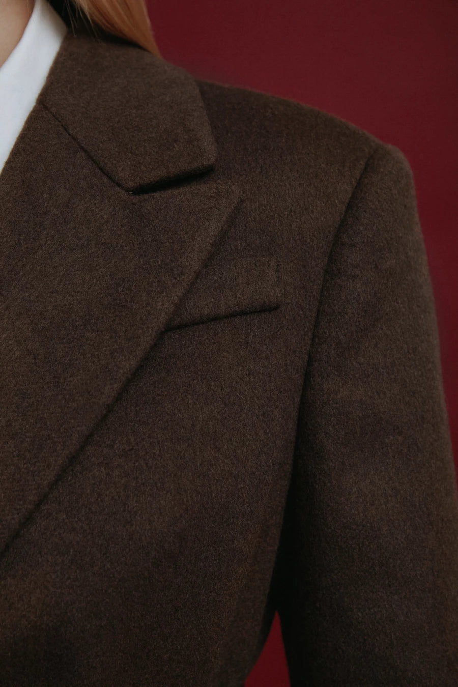 Chocolate straight coat with accent shoulders with wool