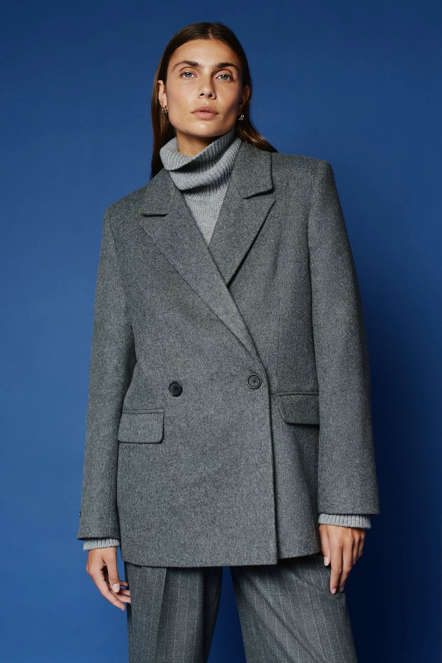 Double-breasted straight cut coat-jacket with wool