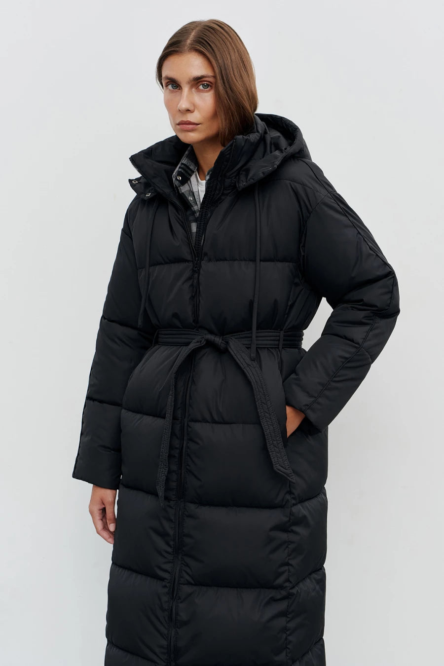 Black long quilted coat with insulation