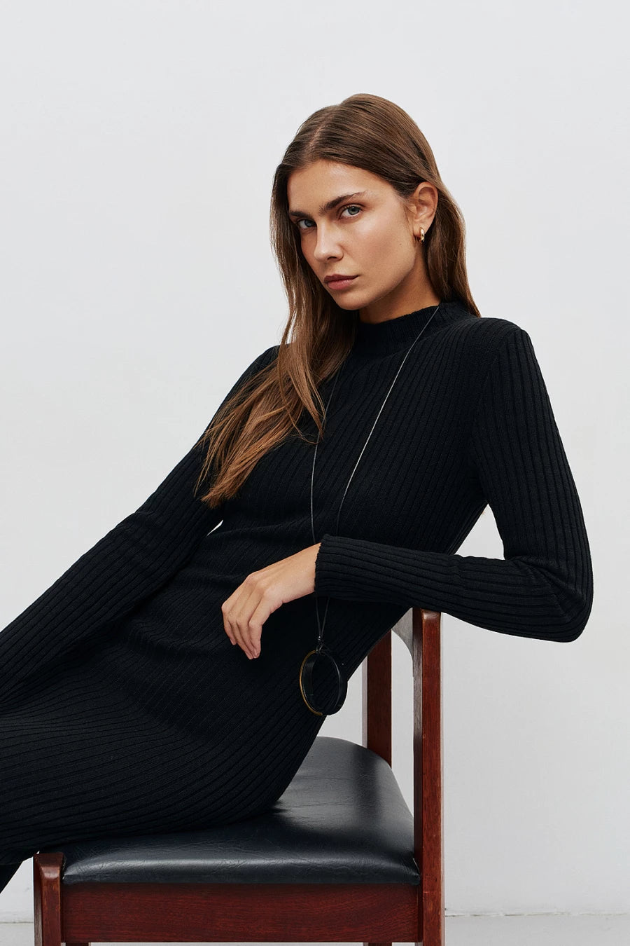 Black knitted long midi dress in a rib with wool