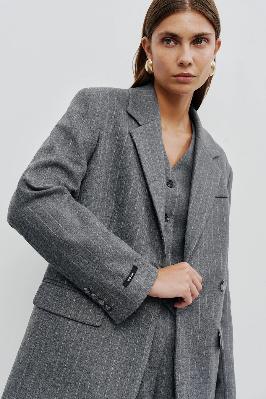 Gray striped single-breasted transformer jacket with wool