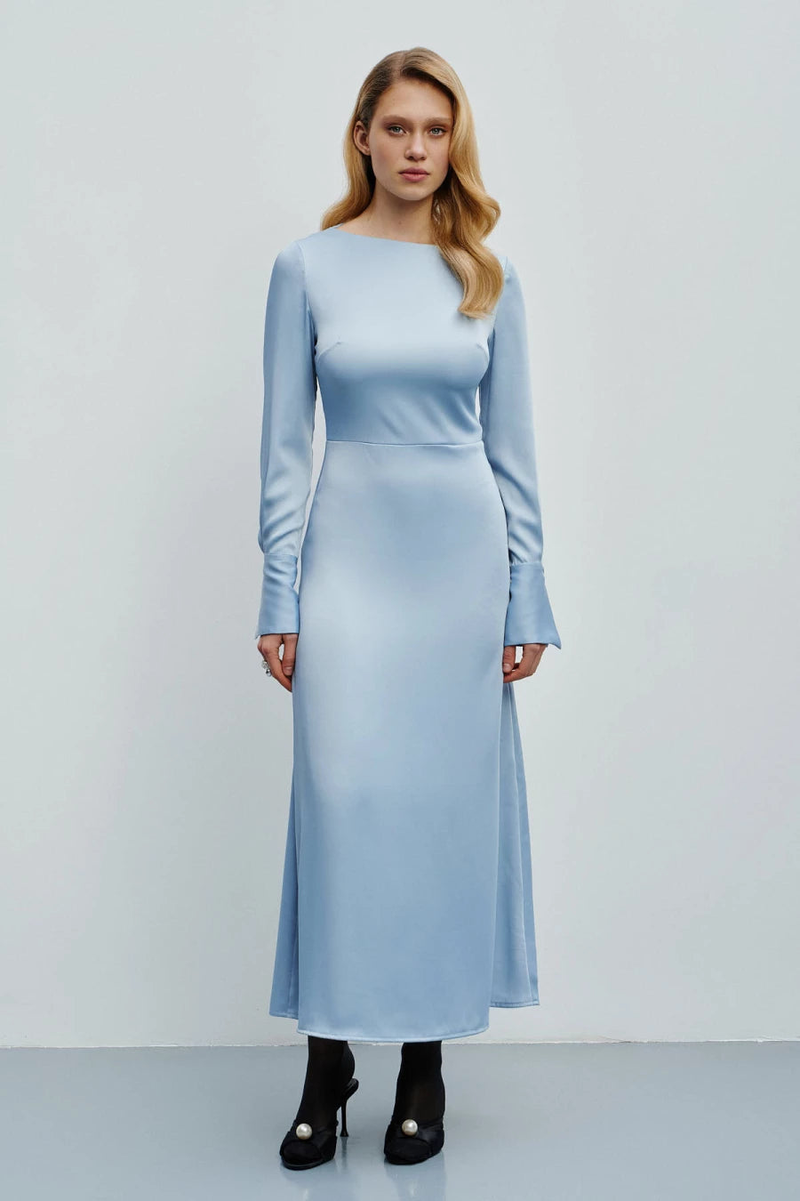 Blue satin midi dress with long sleeves