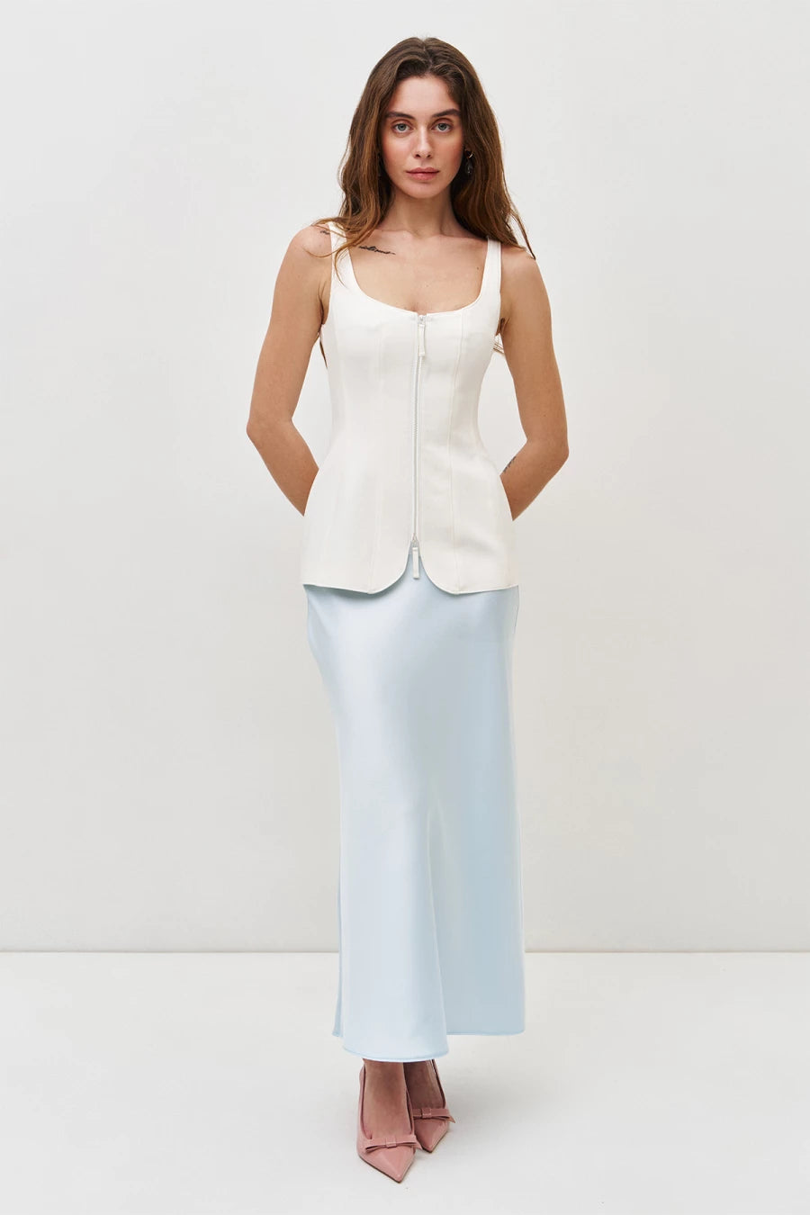 Baby blue satin midi skirt