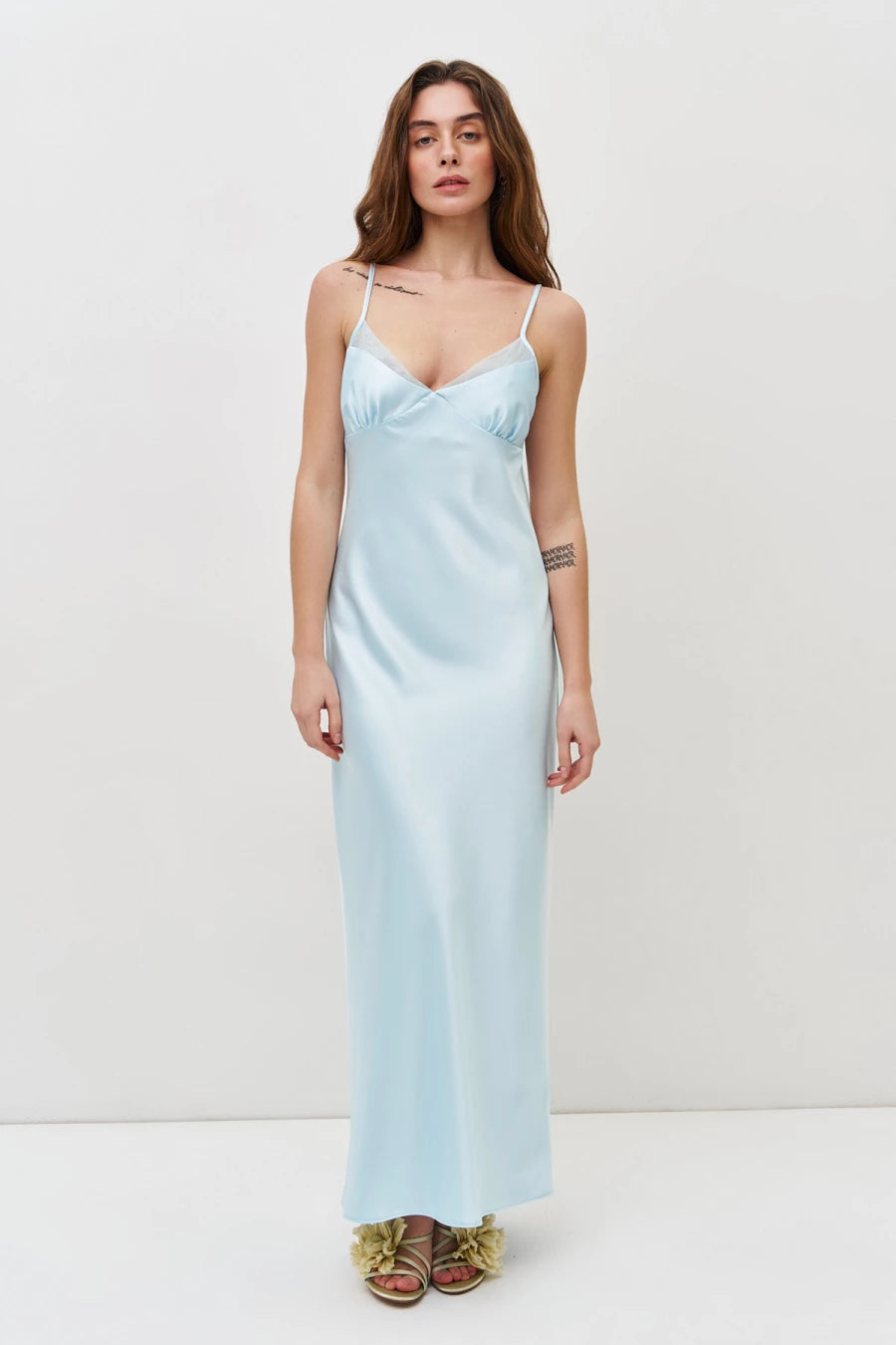 Baby blue satin slip dress with mesh details