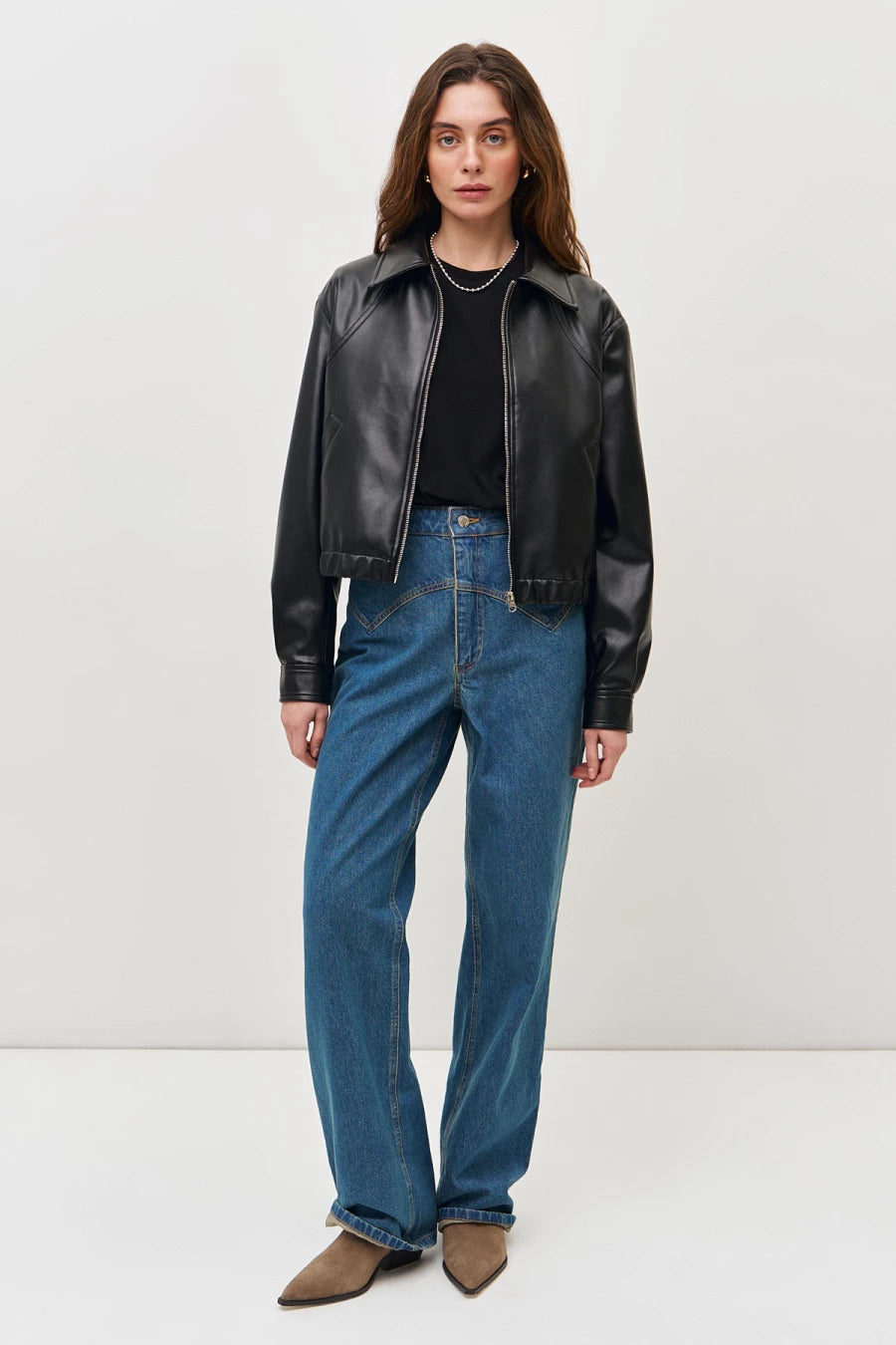 Black faux leather collar jacket