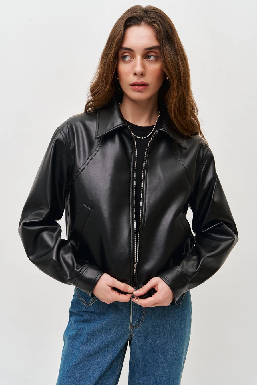 Black faux leather collar jacket