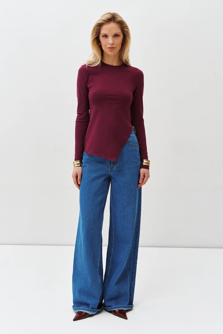 Burgundy asymmetric cotton jumper