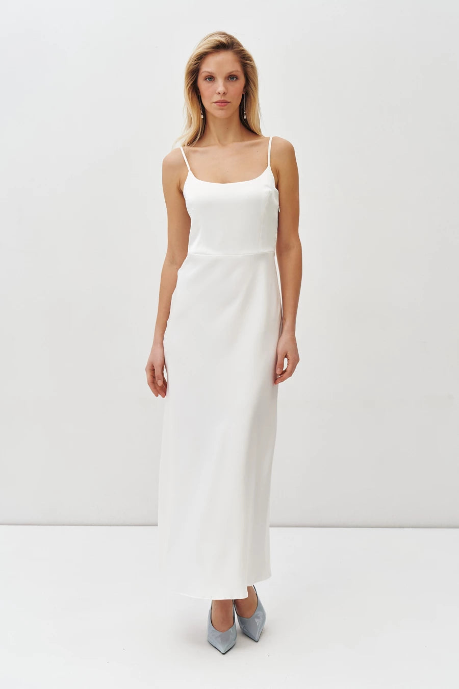 Milky satin midi dress with thin straps
